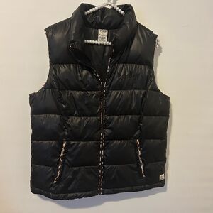 Victoria's Secret Pink Full Zip Puffer Vest Black With Leopard Trim Size Large
